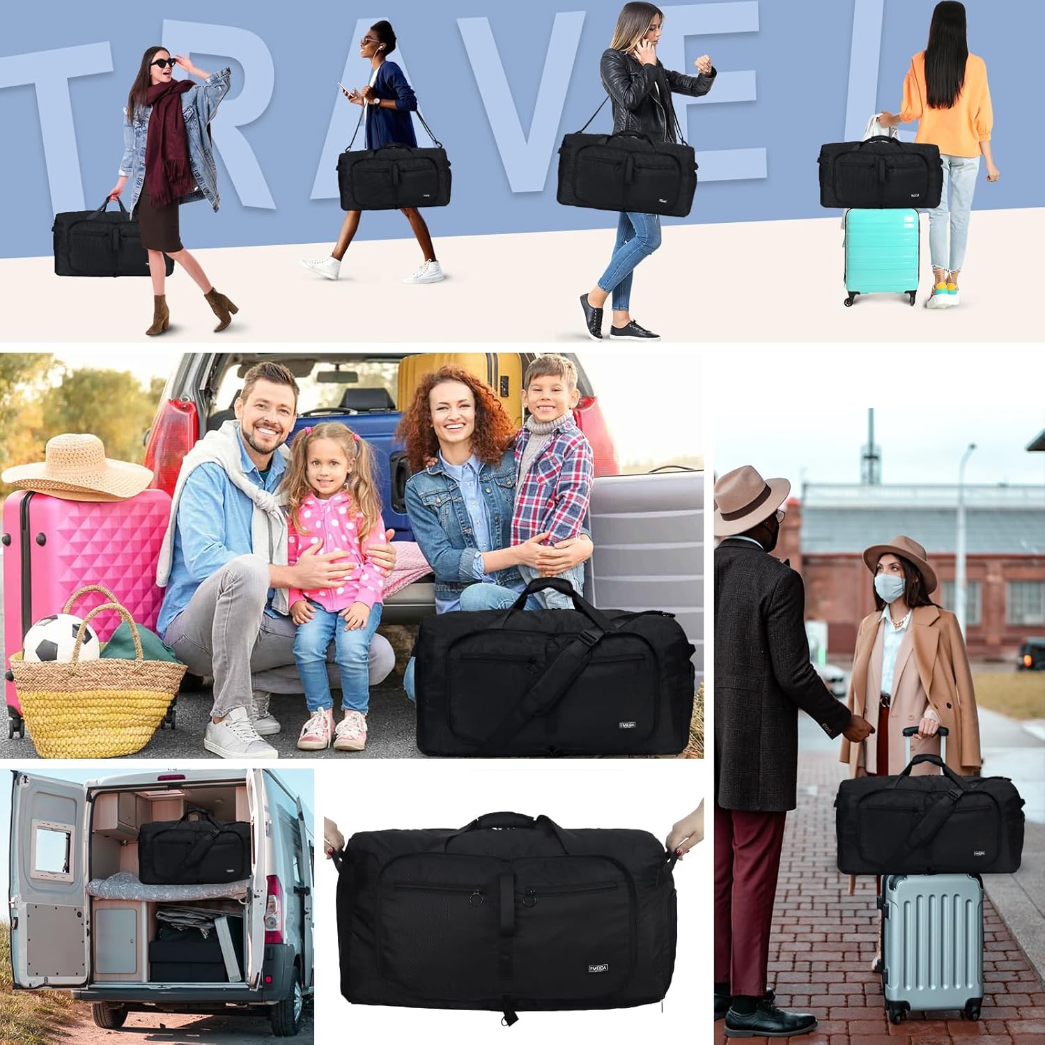 65L Duffle Bag with Shoes Compartment, Foldable Travel Duffel Bags for Men Women, Large Packable Travel Bag Water Repellent & Tear Resistant (Black) - Image 2