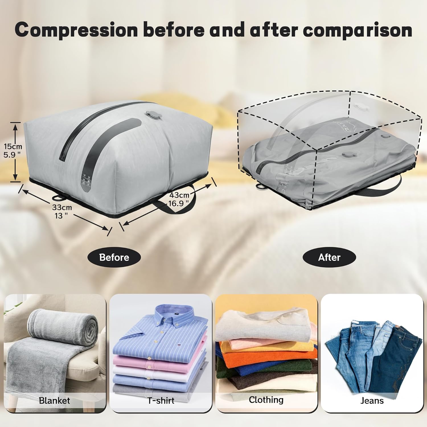 ONTYZZ Travel Vacuum Compression Bags Reusable Compression Bag with IP67 Waterproof Zipper Space Saver Vacuum Bags for Suitcase,Two Pack Grey - Image 2