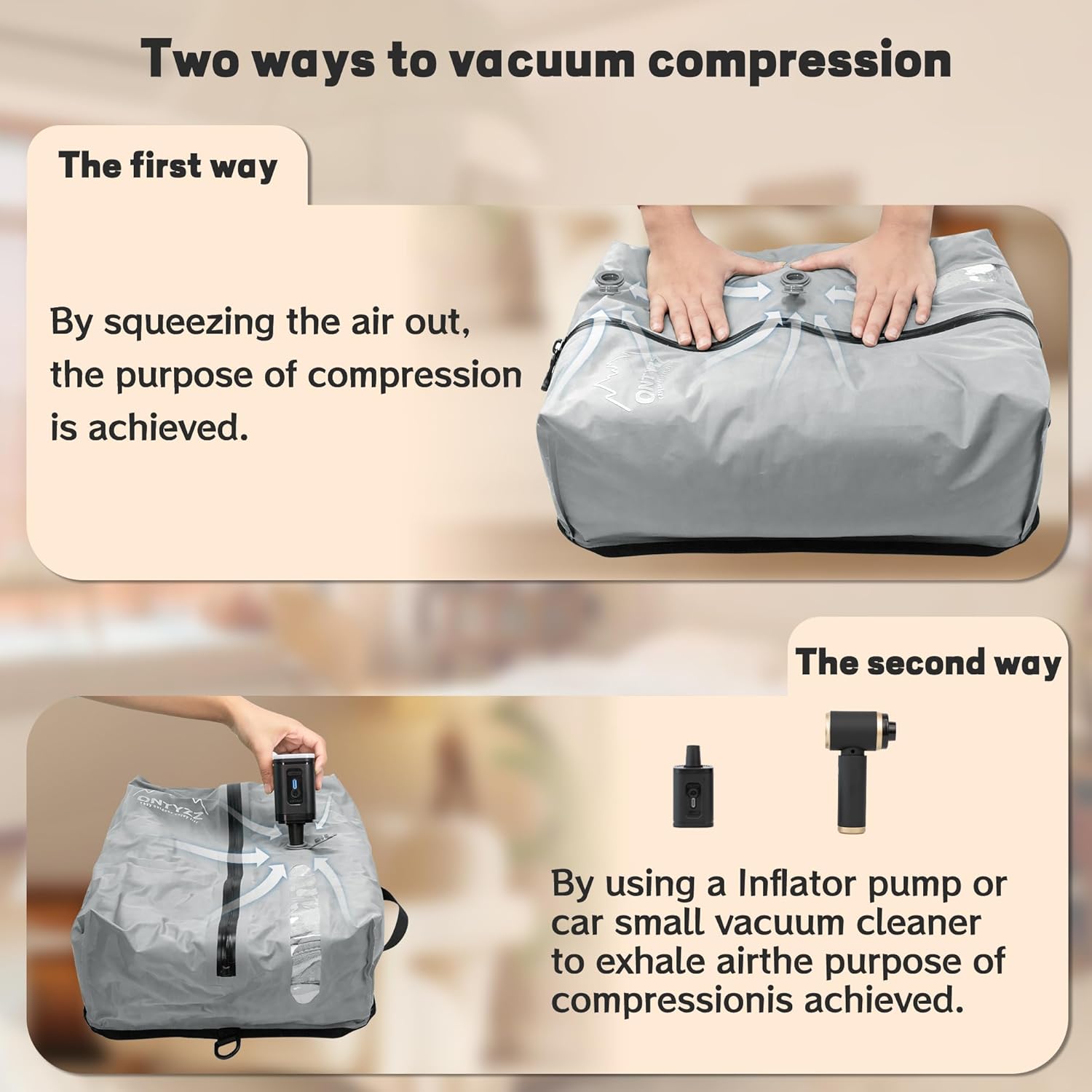 ONTYZZ Travel Vacuum Compression Bags Reusable Compression Bag with IP67 Waterproof Zipper Space Saver Vacuum Bags for Suitcase,Two Pack Grey - Image 3