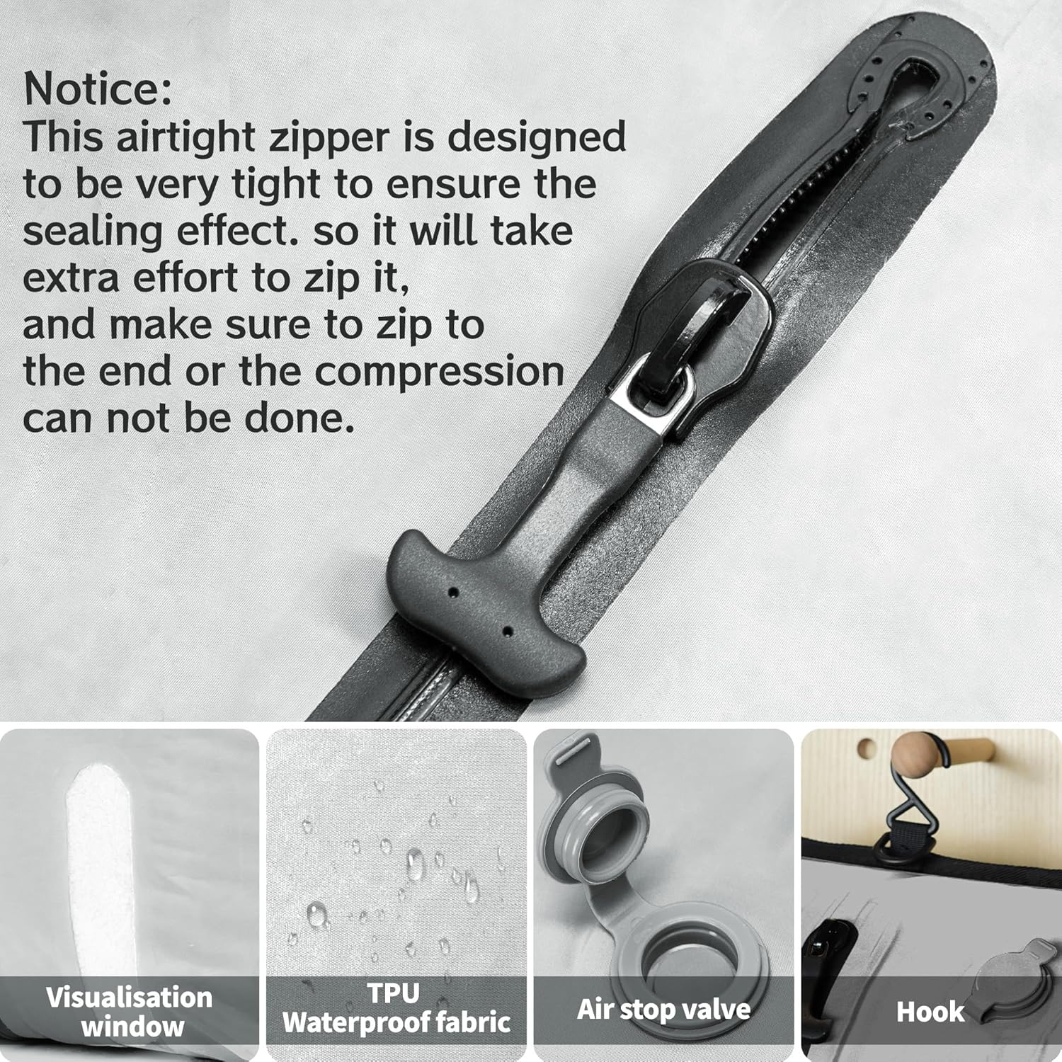 ONTYZZ Travel Vacuum Compression Bags Reusable Compression Bag with IP67 Waterproof Zipper Space Saver Vacuum Bags for Suitcase,Two Pack Grey - Image 4