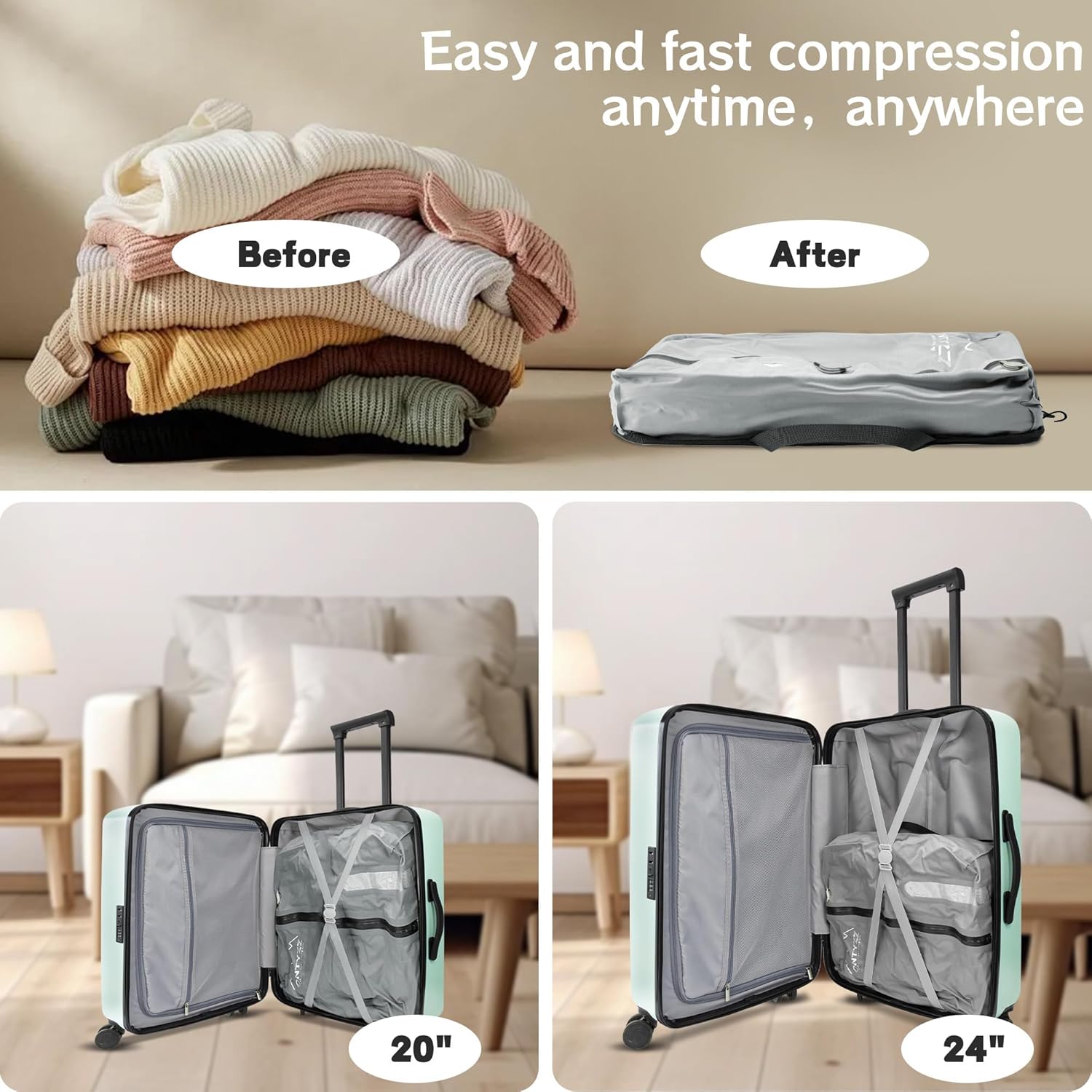 ONTYZZ Travel Vacuum Compression Bags Reusable Compression Bag with IP67 Waterproof Zipper Space Saver Vacuum Bags for Suitcase,Two Pack Grey - Image 5